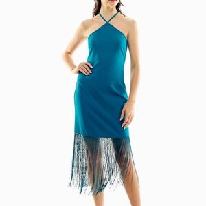 NWOT, NICOLE MILLER Sylvie Stretch Crepe Fringed Sheath Dress in Crystal Teall